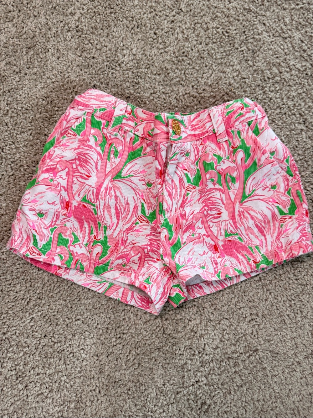 Lilly Pulitzer Mini Callahan Flamingo Shorts Girls Size 7 Pink Green